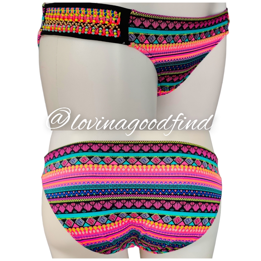 Shade & Shore Aztec Pink Yellow Blue Boho Beaded Pattern Bikini Bottom EUC sz S